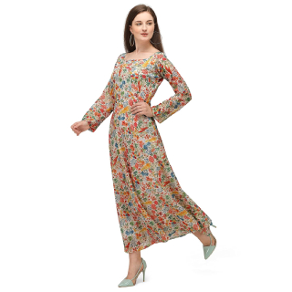 Mishti Fashion Women's Printed Long Sleeve Print Flowy Flared Georgette Maxi Dress